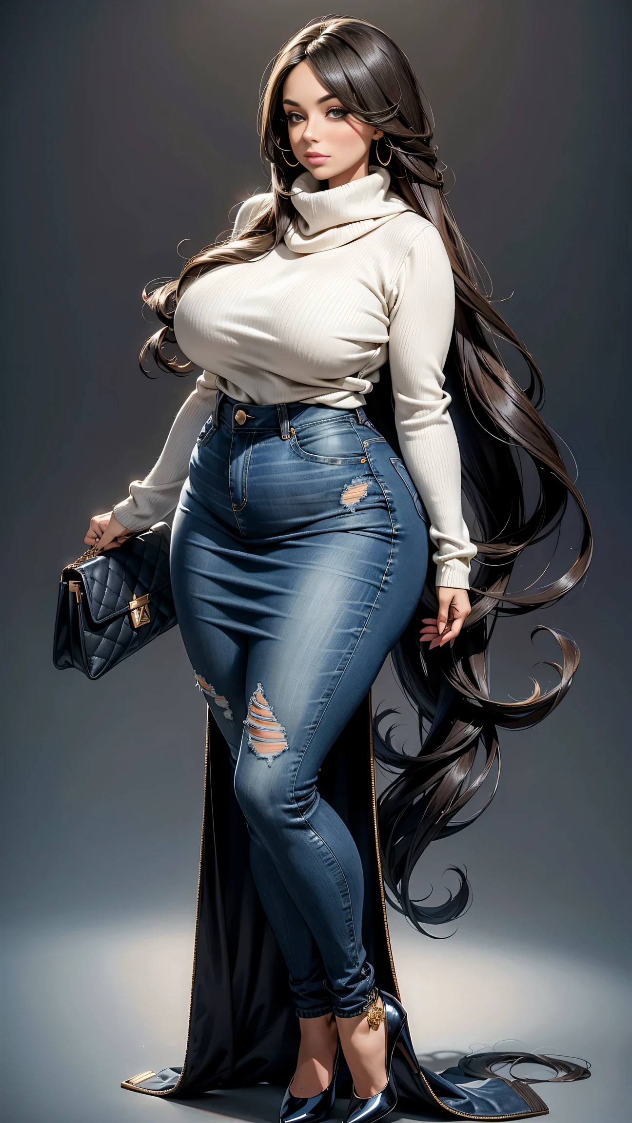 Full body shot of 1 beautiful woman, adult, large body, voluptuous woman, (very long straight hair),( brunette hair), outlined eyelids, made-up eyelids,  turtleneck sweater,  scarf, neckline, (blue mini denim skirt,  black handbag),  tempting , dreaming, curvy hourglass figure, oppai proportion, tight skirt , tall