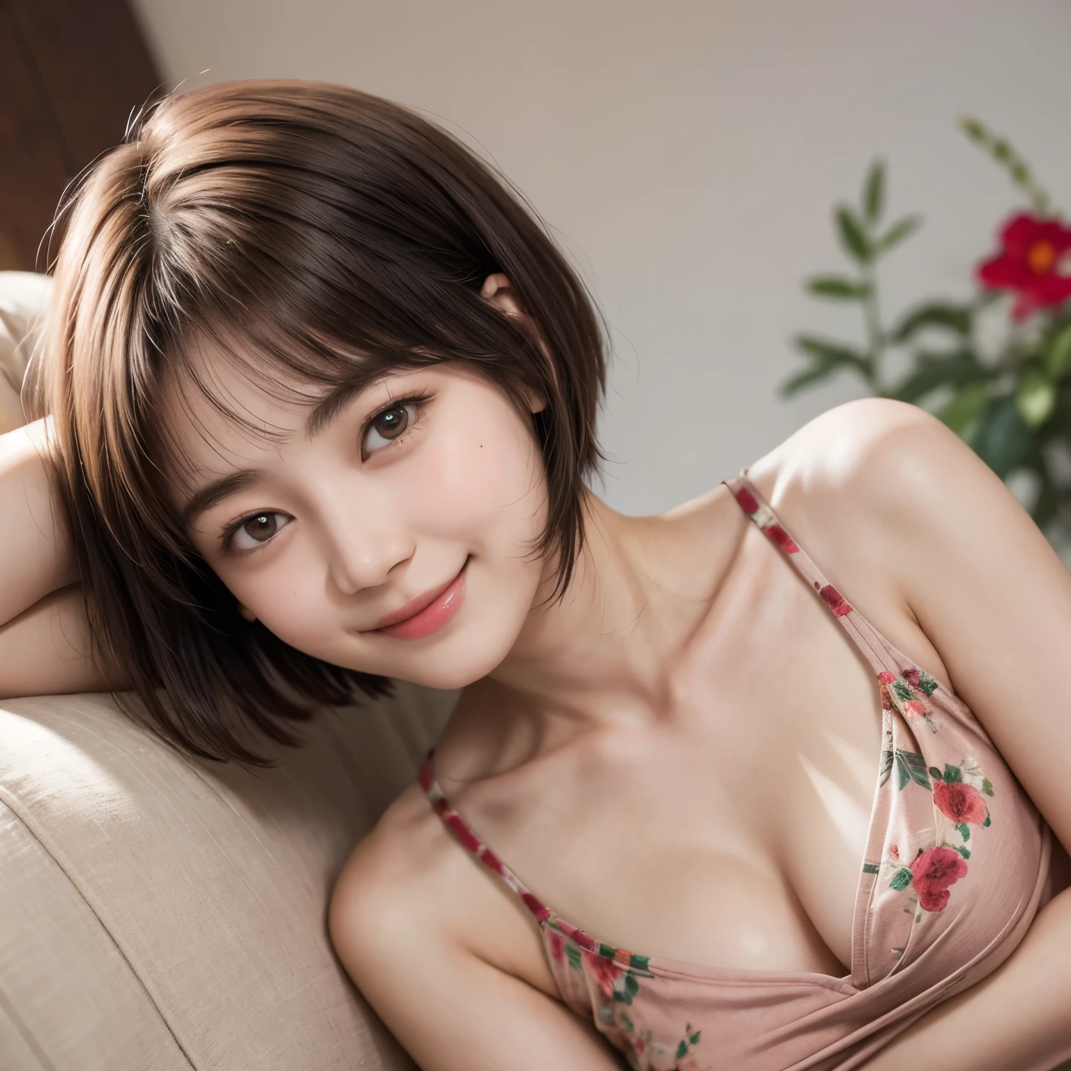 206 Short Hair, 20 year old female, Floral, gentle smile, (chest:1.2)