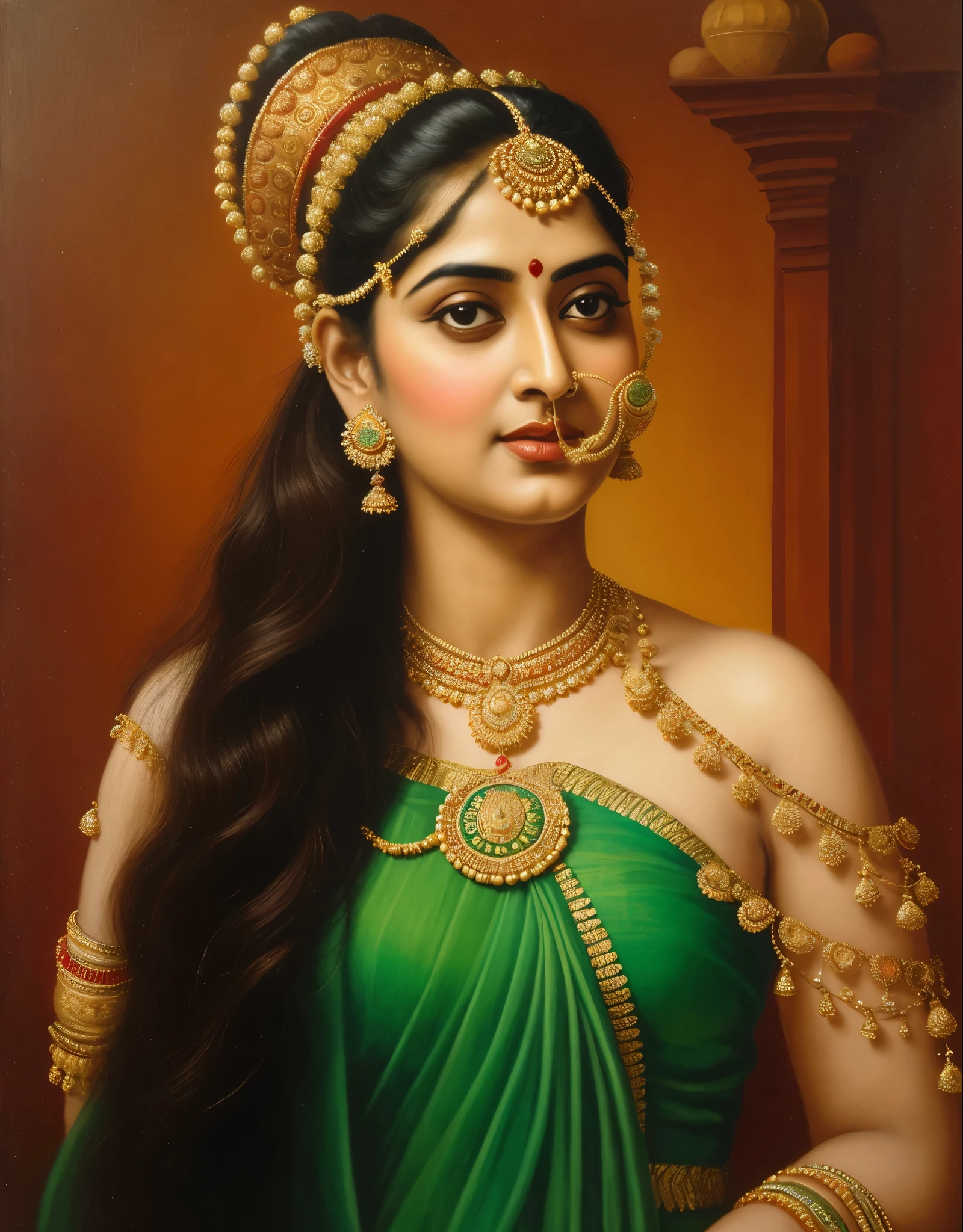 Beautiful painting of a woman in a sari with a necklace and earrings, beautiful thick figure, Thick curvy beauty, looks like Sandeepa Dhar, inspired by Raja Ravi Varma, szukalski ravi varma, portrait of a beautiful goddess, by Raja Ravi Varma, indian goddess, traditional beauty, a stunning portrait of a goddess, inspired by T. K. Padmini, indian art, indian goddess of wealth, portrait of a goddess, masterpiece, intricate, 