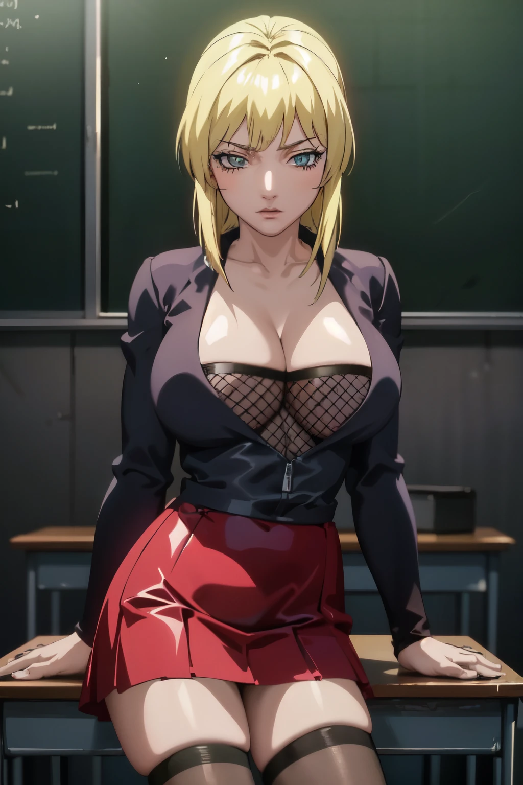 masterpiece, best quality, highres, 1girl kaori saeki, but with exposed breasts, skin tight red skirt, black thigh high stockings, classroom, cowboy shot, horny, looking at viewer, focus solo