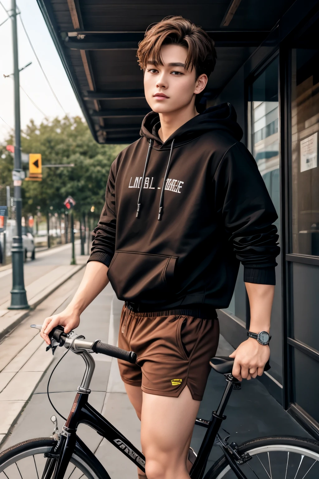 One boy、ash hoodie、Black Bike Shorts、ligh brown hair、Carl Bob
