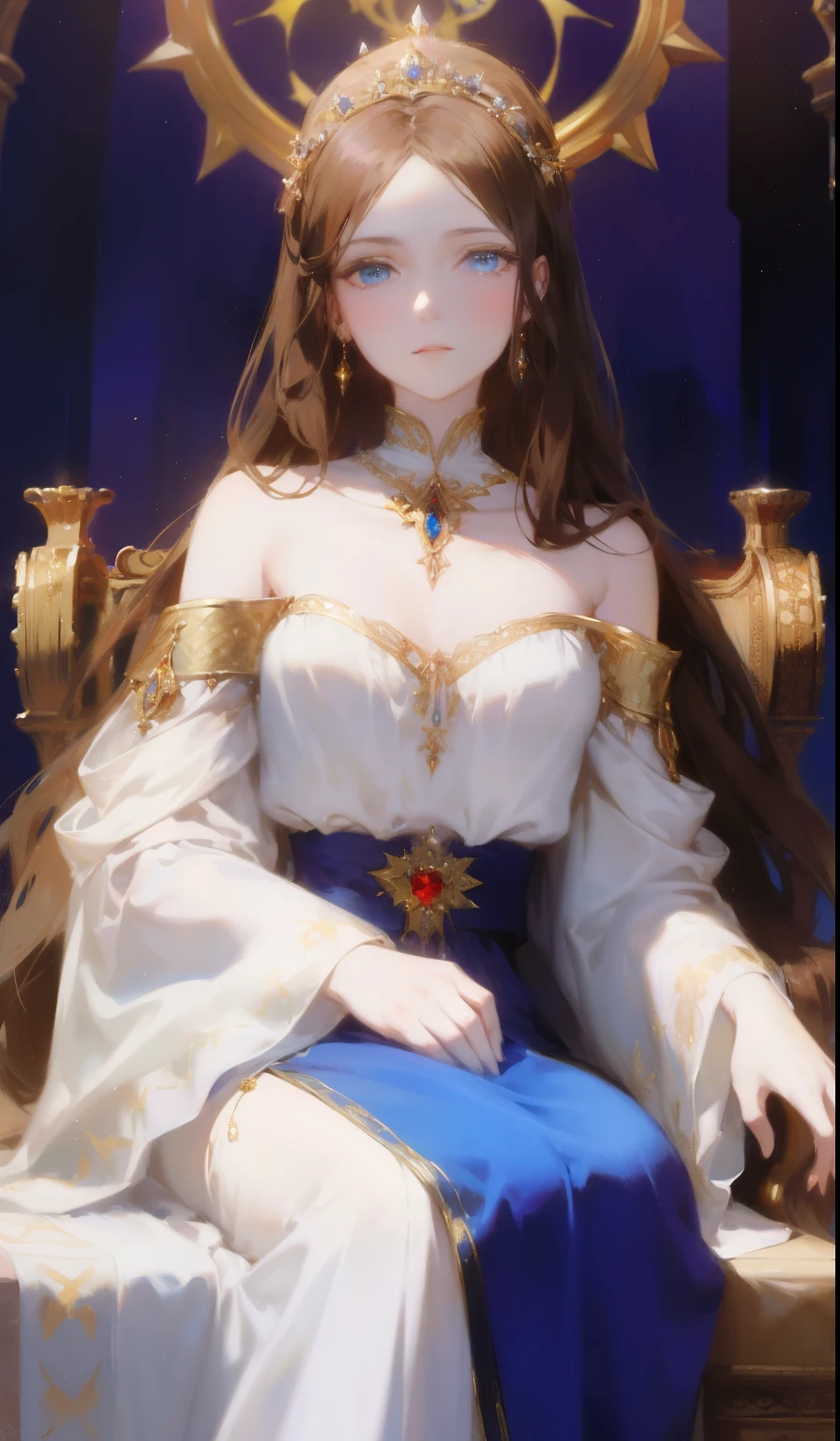 
Fantasy, 19th century, empress, woman, delicate face, pale brown long hair, blue eyes, in a white royal dress with open shoulders, gold patterns on fabric, crystal jewelry, with a scarlet ribbon over the shoulder with the regalia of the monarch, Gothic castle made of white stone on the background, light, day, hd