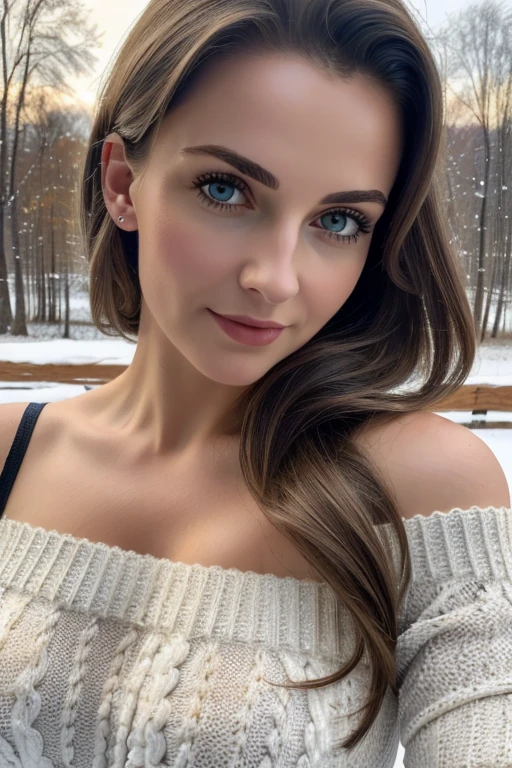 (Masterpiece, best quality, photorealistic, highres, photography, selfie :1.3), sharp focus, 1 brunette girl, large breasts Ukrainian girl, hot model, intricate detailed grey eyes, realistic skin, slim body shape, cleavage, intricate detailed hair, sexy, ((wearing off shoulder white sweater dress)), winter outdoor Ukraine, ((realistic, super realistic, realism, realistic detail))