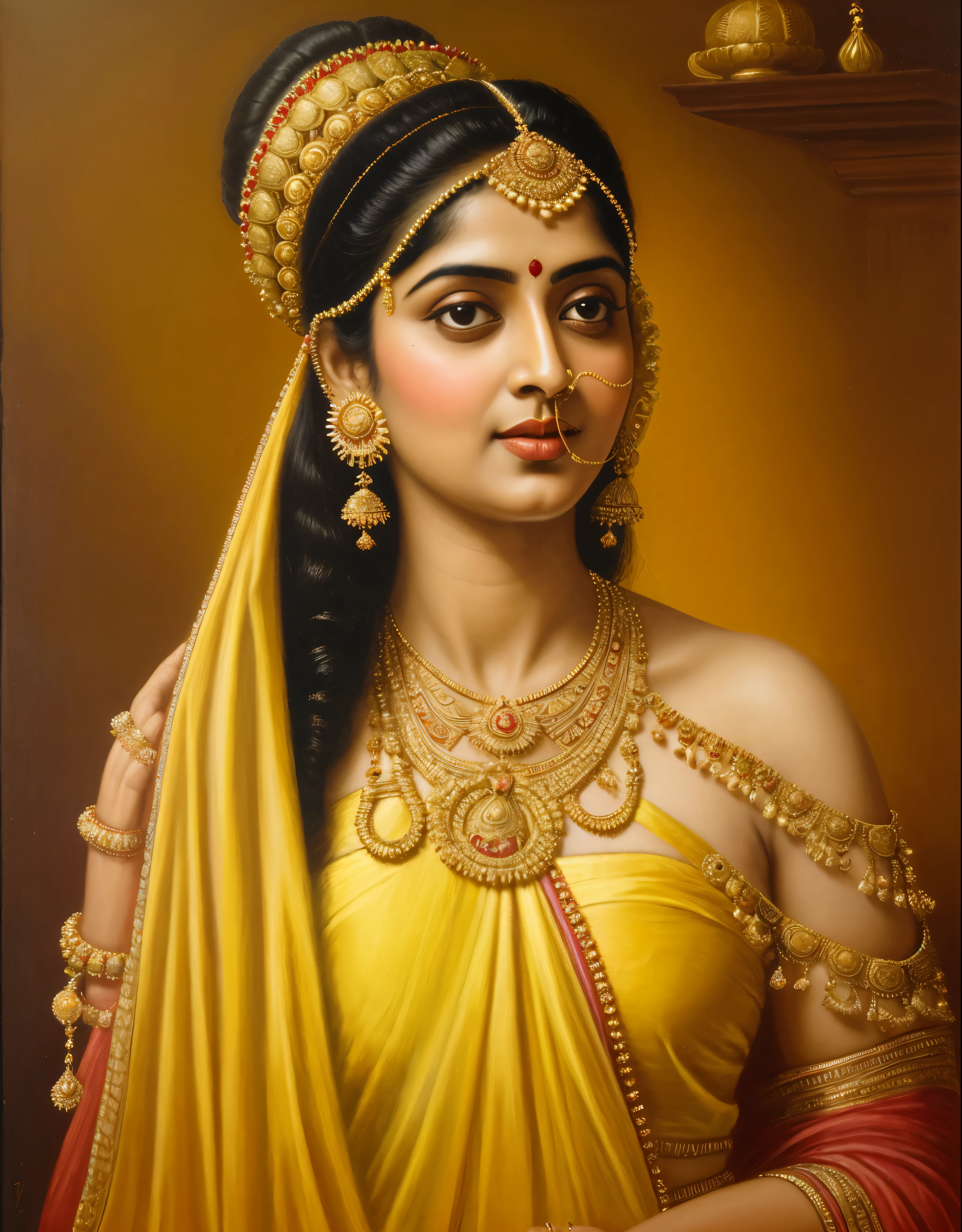 Beautiful painting of a woman in a sari with a necklace and earrings, beautiful thick figure, Thick curvy beauty, looks like Sandeepa Dhar, inspired by Raja Ravi Varma, szukalski ravi varma, portrait of a beautiful goddess, by Raja Ravi Varma, indian goddess, traditional beauty, a stunning portrait of a goddess, inspired by T. K. Padmini, indian art, indian goddess of wealth, portrait of a goddess, masterpiece, intricate,
