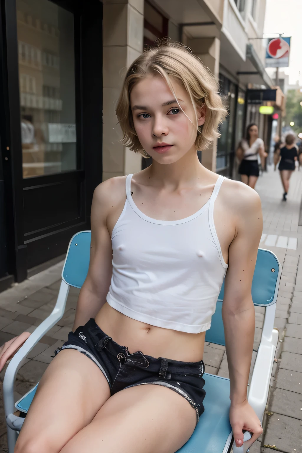 -yeld sebeautiful boy with pale yellow hair and medium size, with white body and no hair, with pale blue eyes, with a cute and cute face, black shorts, sitting on a chair in the street