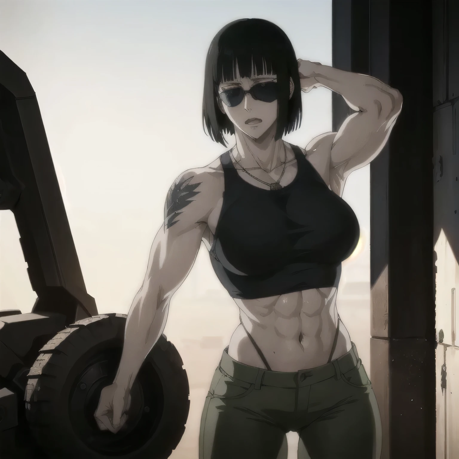 (best quality,ultra-detailed,realistic:1.37),musclaur military badass girl with sculpted body have a tattoos wearing Tight Tank top with black combat trousers , full review of the female character's face and body, intense expression, strong and confident posture, studio lighting, vivid colors, physiologically-based rendering, grungy texture, rugged background, dust particles in the air, commanding presence, professional, powerful, gritty aesthetics,,Valmet،short hair,necklace,sunglasses,Muscles sticking out inside clothes