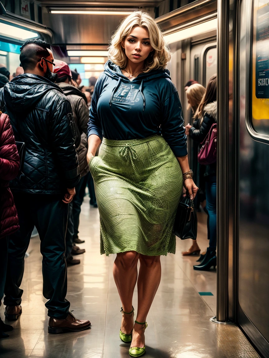 high resolution, chef-d'artwork, Perfect lighting, floraison, nuit, cinema lighting, adulte, peau parfaite, femelle, (regarder la caméra:1.4), Realistic skin, eye-liner, Realistic, (photoRealistic), mannequin, Femme, oversize hoodie, gros cul, cheveux blonds, cheveux longs, chaussures, Culotte en dentelle, ((Crowded subway)), debout.
