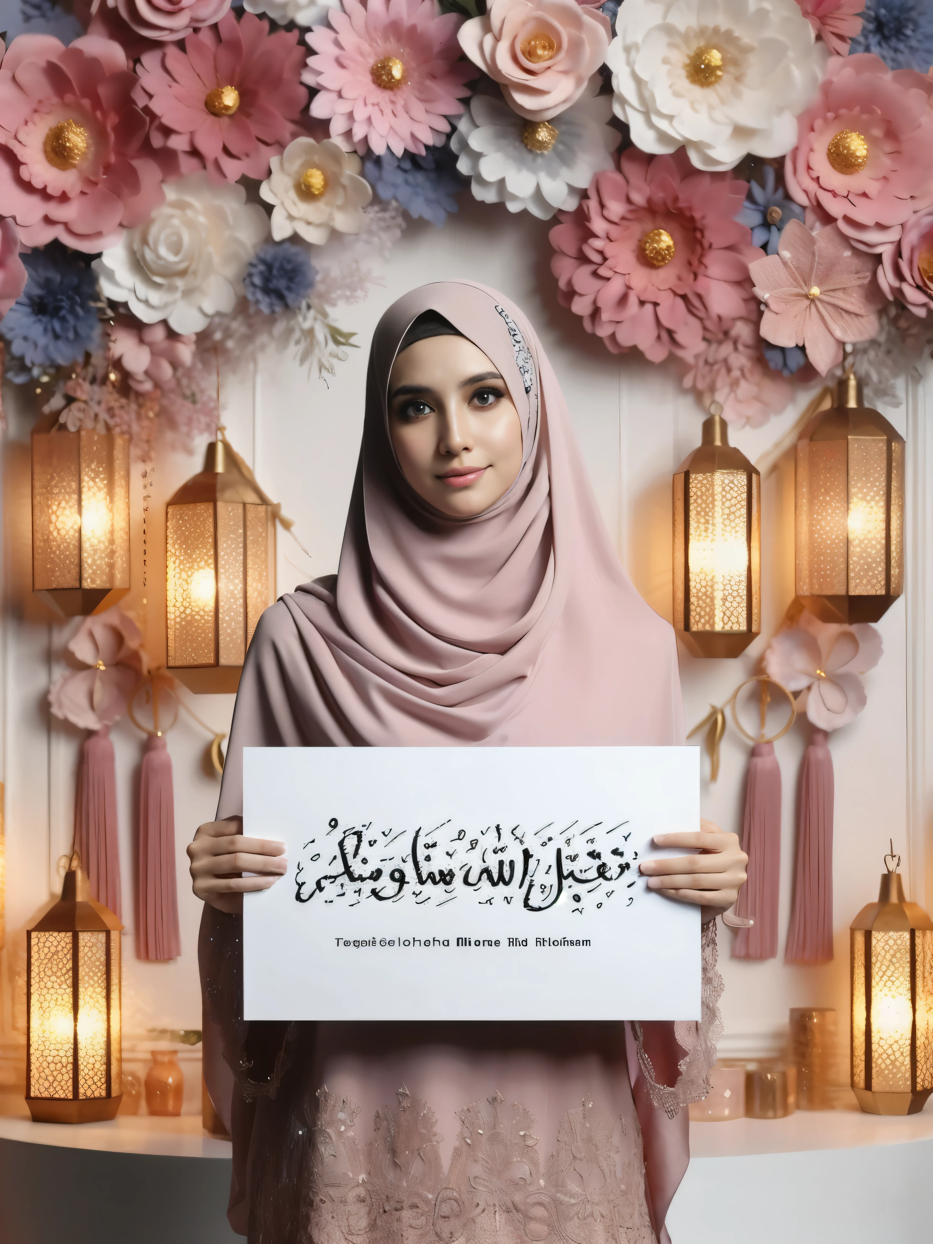 muslim woman holding a sign with arabic writing in front of a floral wall, inspired by Fathi Hassan, inspired by Maryam Hashemi, caligraphy, inspired by Nazmi Ziya Güran, ameera al taweel, inspired by JoWOnder, inspired by Naza, tanned ameera al taweel, inspired by Shaddy Safadi