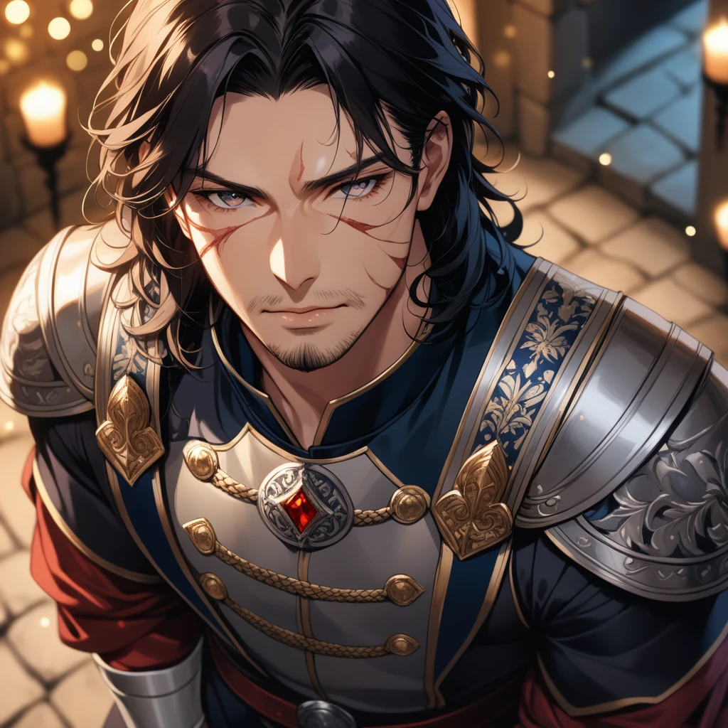 ((1man)), a handsome man in a castle, handsome face, body is broken with scars, kneeling on the ground, 8K, (dynamic perspective), sharp focus, (depth of field, bokeh:1.3), extremely detailed eyes and face, beautiful detailed eyes, cinematic lighting, fantasy military uniform, long hair, black hair, ((masterpiece, best quality)), from above, muscular