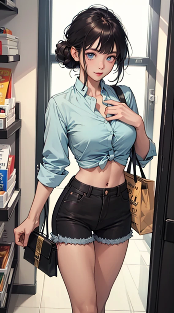 ((Best Picture Quality, 8k, tmasterpiece:1.3)), 1girl, Beautiful Korean young girl with slender abs:1.3, skinny slim body(thin slim arms, legs and thighs), visible to see her ribs,(Casual hairstyle, No leakage of beautiful tight round perfect breasts:1.2), wearing unbuttoned shirt:1(showing her half breast, without bra).1, Ultra-fine face, detailed eyes, double eyelid,ssmile,Home,hold body photo