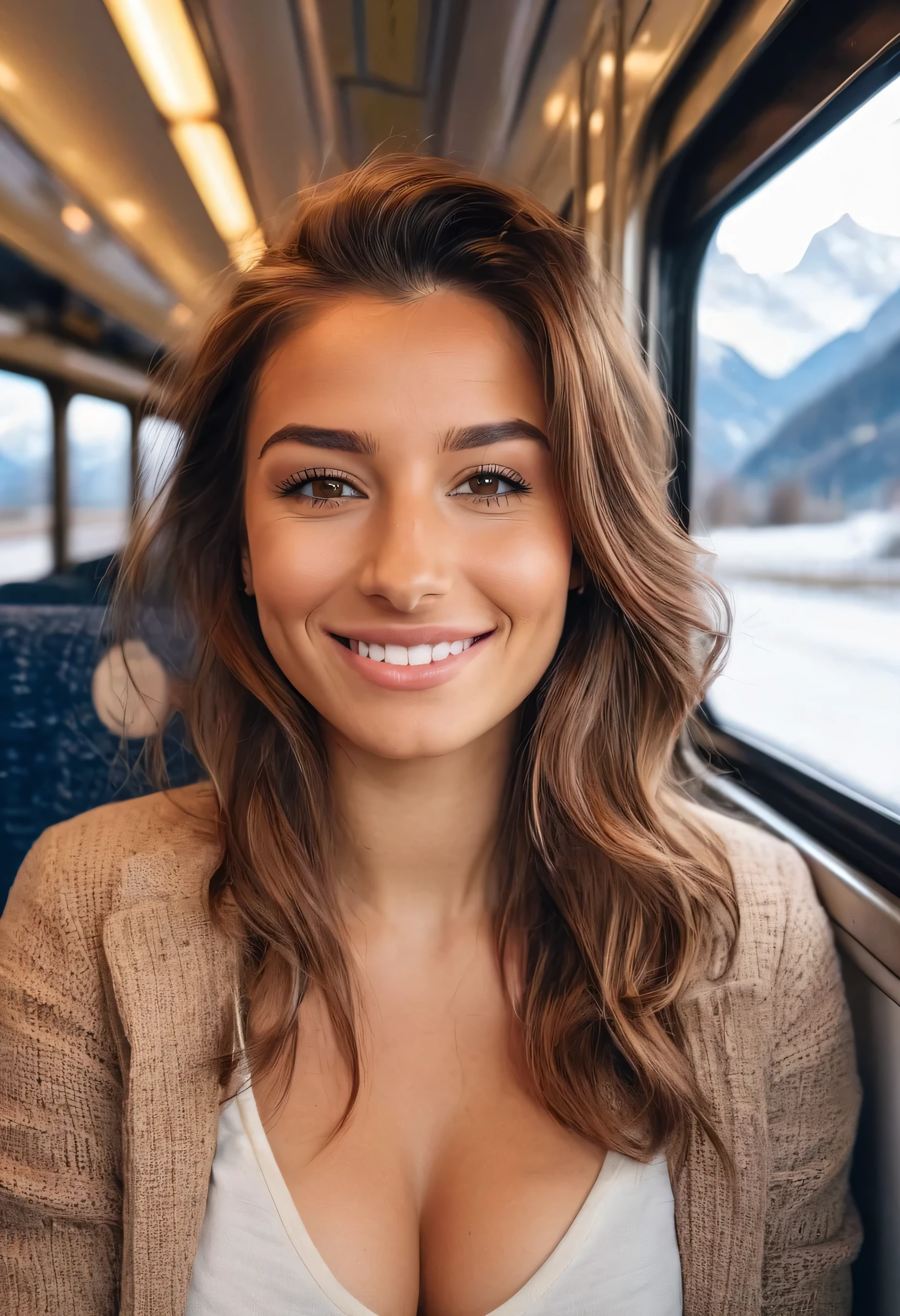 influencer style, photo, beautiful natural girl, 25 years old, brown hair, front locks of hair slightly lighter, light brown eyes, classy, 4k, high resolution, high quality, sitting in a train with swiss alps background, nice but not too shiny watch, discrete smile, small dimples, white skin, french-german, natural photo, realistic, real person, view of her body and a train table, no teeth showing, very very little wrinkles to look natural