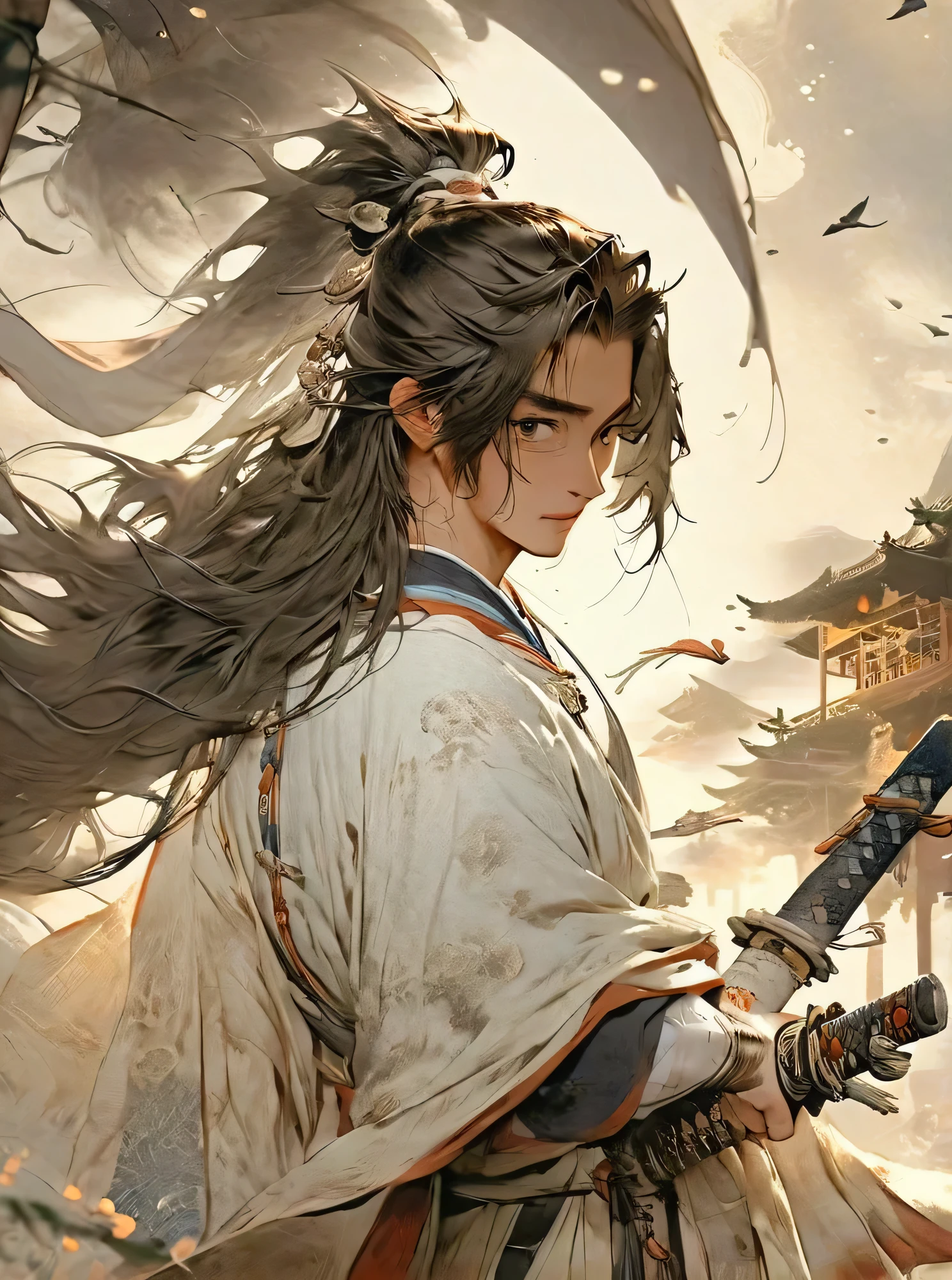 masterpiece, best quality, 1 male,  Very handsome face，energetic，High-spirited，young, huge, Antique theme,Immortal style bone，ancient costumes, carry sword, Sunlight, street, long hair flying, Background style, breeze blows, Loose robe, fantasy landscape, Starlight around the character, whole body
