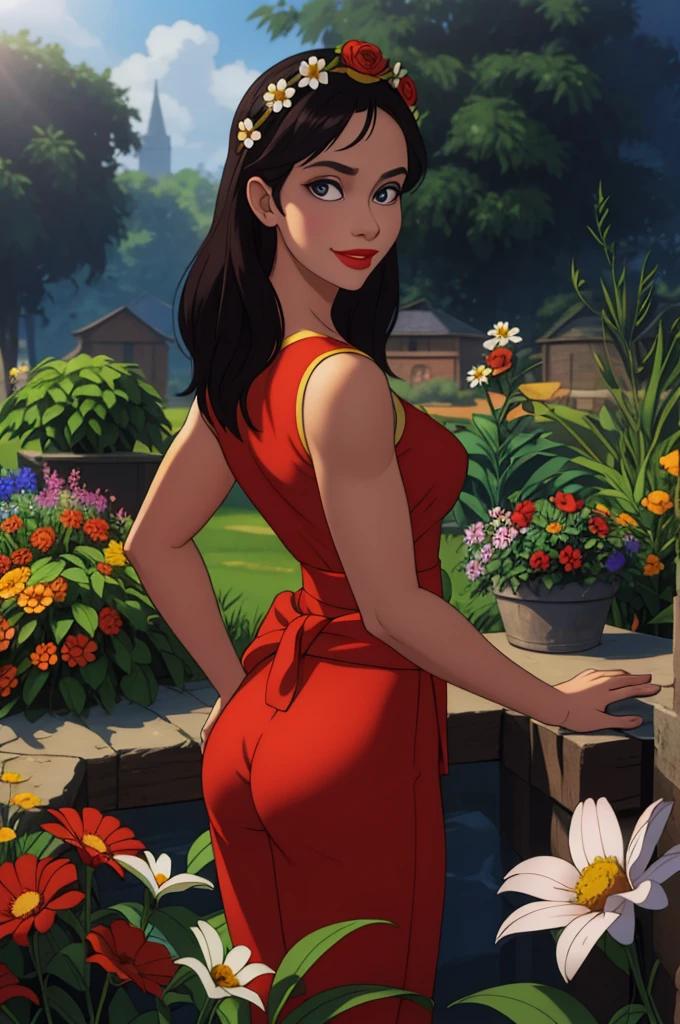 Adorable, mature Woman,detailed big-eyed woman, round face. promenent red lips. Smileing,In the garden, large ass, wearing a cute floral sun dress. flower crown, Flower belt draped around waist. Picture from the side,looking at the scenes, intense colors, Very valuable details, complex details, volumetric lighting, digital art, 8k, trending on Artstation, Clear focus, complex details, highly detail, Greg Rutkowski Big Eyes, high-resolution, Black hair. Molly Quinn, attractive chest, .Photorealistic. Confidence, self esteem, assertiveness, dominance. wide Amused smile. ecstastic expression.
