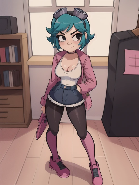 masterpiece, best quality, 1girl, solo, (chibi:0.7), closed mouth, smile, looking at viewer, scottpilgrimvstheworld, denim skirt, pink pantyhose, wintercoat, black camisole, ramona flowers, indoors,
