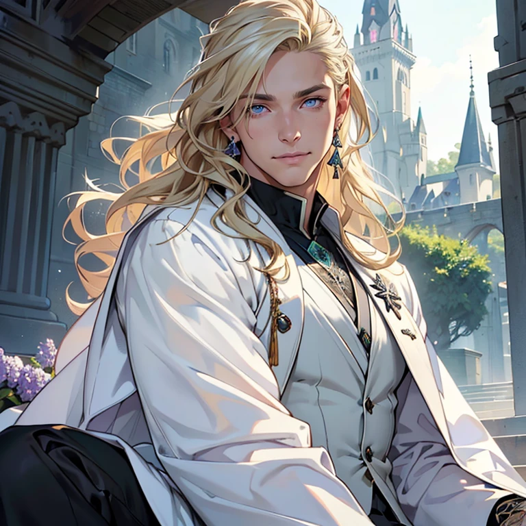 (realistic: 1.37, best quality, 4k, 8k, high resolution, masterpiece: 1.2), solo, male, pale white skin, curly hair, handsome man, detailed background of a castle, brilliant violet eyes, masterpiece, age 31, serene expression, perfect body, detailed face, intricate eyes, beautiful detailed purple eyes, symmetrical eyes, very long hair, (((white-blonde hair))), perfect face, neat hair style, perfect proportions, smile, expressive eyes, (ultra-detailed:1.3), beautiful detailed glow, finely detailed, ultra-detailed, (masculine features, wearing green and silver wizard robes, white dress shirt, black waistcoat, tight black pants, knee high boots, earrings)