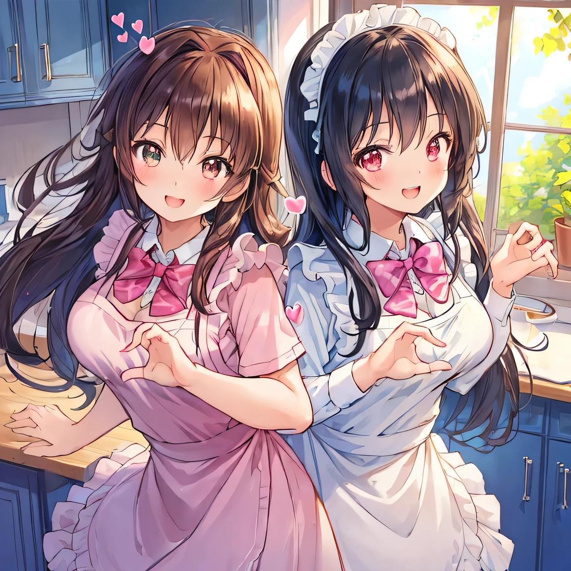 ((masterpiece)), ((best quality)), (ultra-detailed), ((kawaii)), cute, (lovely), illustration, anime style, dynamic angle, upper body, focus on upper body, a cute girl, 1girl, solo, kitchen, apron, Blazer uniform, (((heart hands))), (beautiful eyes), beautiful black hair, long hair, horseshoe-shaped hairband, medium breast, slim, slender, glasses, smiling, fang, endearing, blush, elegant, youthful, graceful, ((The tips of her canine teeth are peeking out from her smiling mouth)), Double Tooth, seductive smile.
