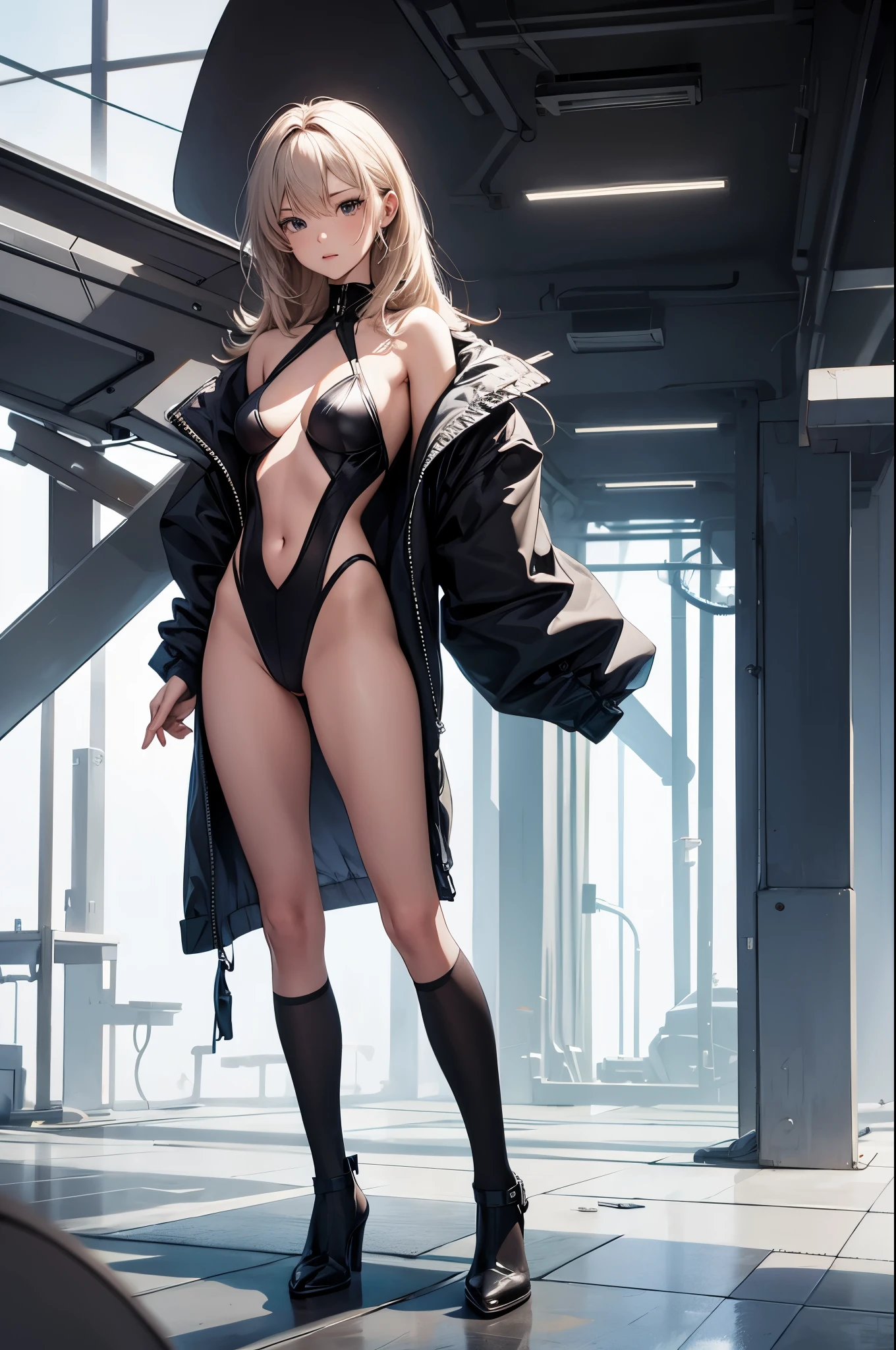 a sexy woman, (best quality), (masterpiece), (1girl), slim, anime, tall, (front view ), (flat chested), (see through clothes), (pubic hair), (full body view)