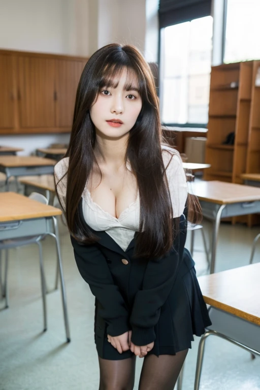 best quality, masterpiece, 8K, ultra high resolution, (lifelike:1.4), Very detailed, intricate details, Exquisite and beautiful, good lighting, professional lighting, sharp focus, Detailed shadows, Exquisite details and textures, depth of field, unity 8K wallpaper, Film composition, movie lighting, (1 girl),中student, student,small head, (Uniforms:1.5),cleavage,Sexy long legs,black pantyhose, (School, (School教室)) ,Beautiful and elegant face, Detailed face, delicate eyes, lifelike头发, long hair, (Full body female love:1.3),standing,start from below