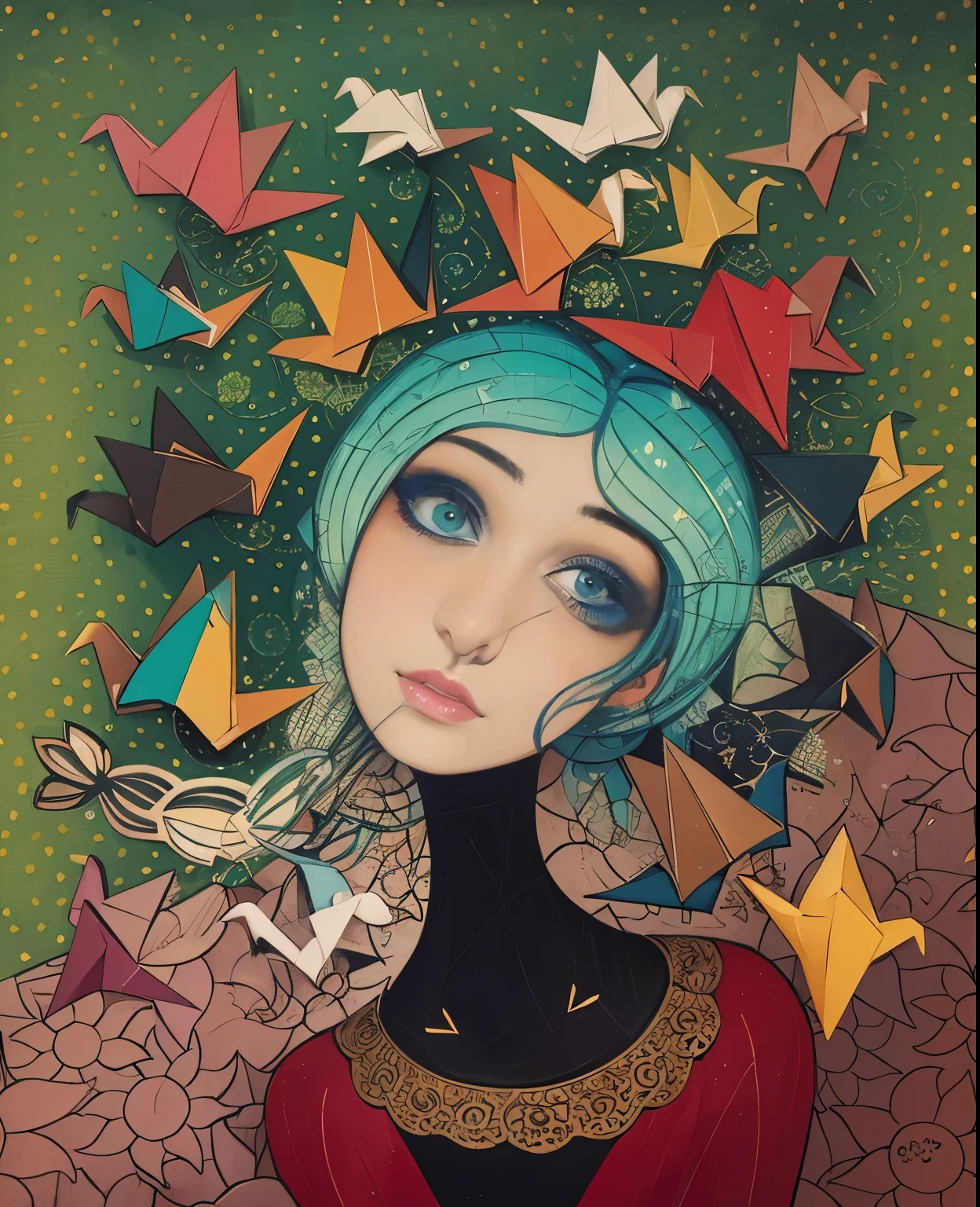 there is a painting of a woman with origami birds in her hair, by Maryam Hashemi, there are birds on her head, by Zsuzsa Máthé, whimsical art, by Ruth Jên, whimsical portrait, inspired by Bettina Heinen-Ayech, by Amédée Ozenfant, by Margit Anna