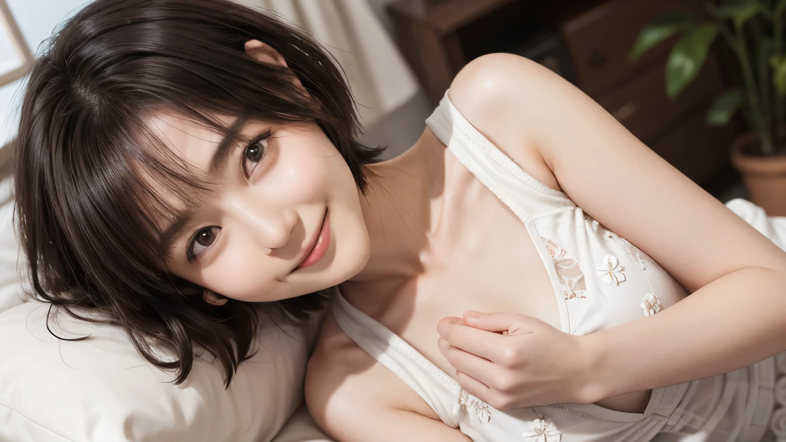 206 Short Hair, 20 year old female, Floral, gentle smile, (chest:1.2)
