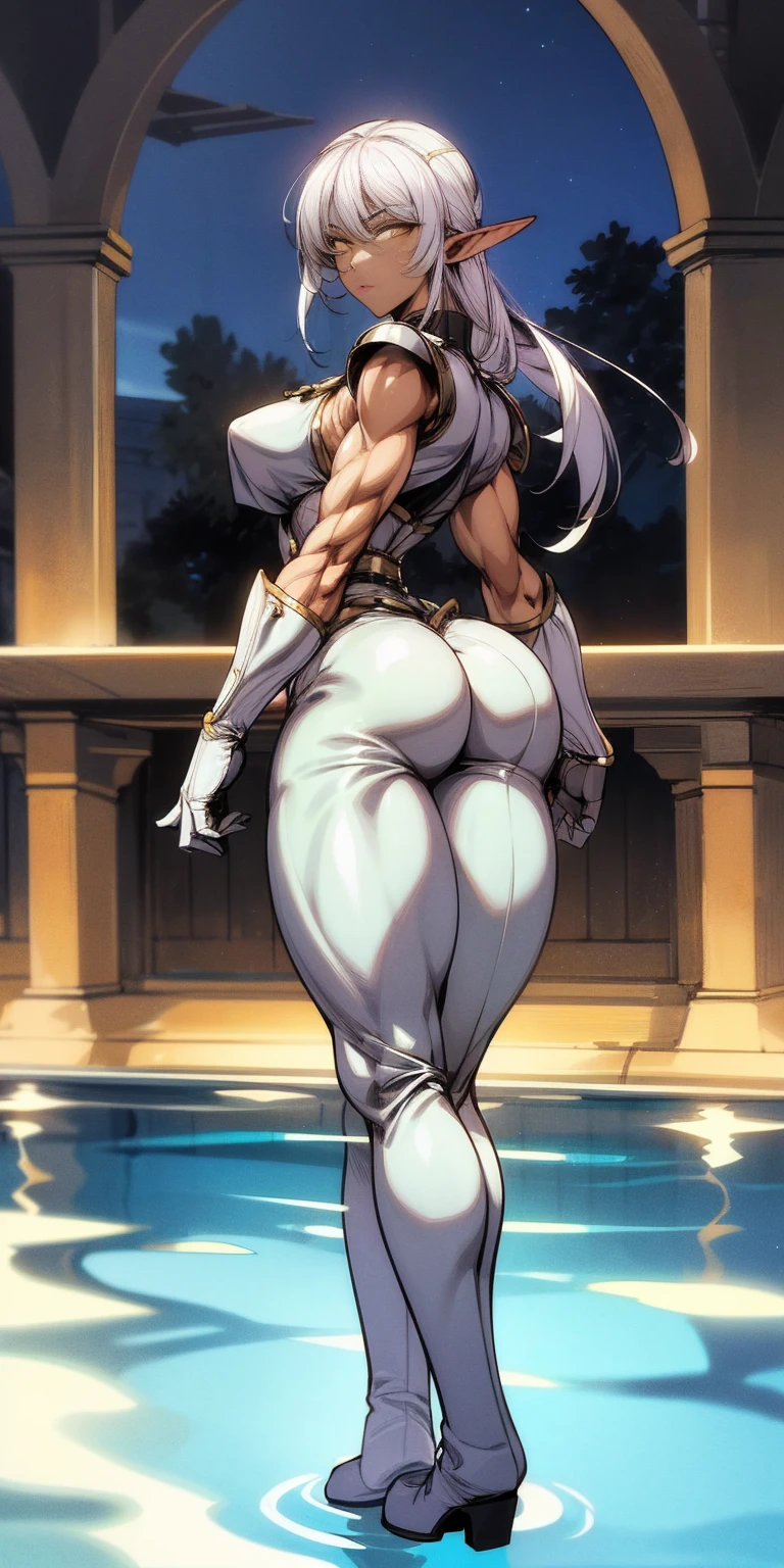 masterpiece, best quality, high quality, 1solo dark black SKIN elf, long hair, white hair, yellow eyes, full body, breastplate, looking at viewer, shiny, armor, thigh highs, high boots, shoulder armor, faulds, poleyn, gloves, gauntlets, (((1 girl))), medium to large breasts, a beautiful and cute lady, standing, (((in the pool at night))), (big muscular ass), {{{wearing armor }}} (thin waist), (incredibly beautiful full body photo, standing, (((bright eyes))), good anatomy, perfect hand muscular legs))), thin waist, muscular abdomen, wearing black high heel shoes, (((with her back to me showing her big shapely ass to me))), grabbing own ass
