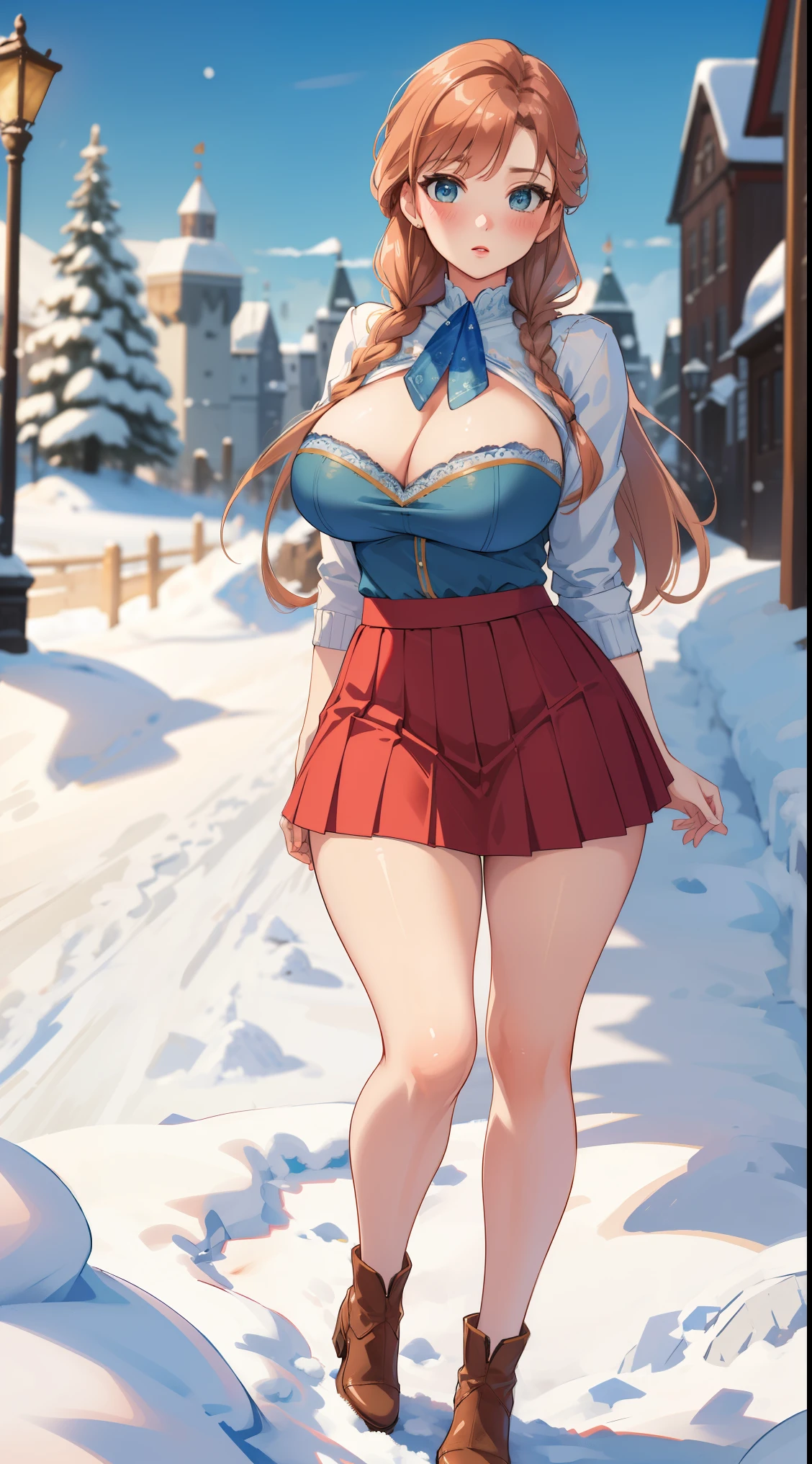 woman, ((Masterpiece, best quality)), full body view, sexy, bursting huge breasts, detailed skin, Anna from Frozen clothes, highly detailed, cinematic lighting, ultra realistic, blush, looking at viewer, anna, anna from frozen, princess, disney, brown hair, long hair, portrait, outdoor, snow, cleavage, large breasts, wide hips, full body view, tall,
skirt, miniskirt, microskirt, pleated skirt, thighs,