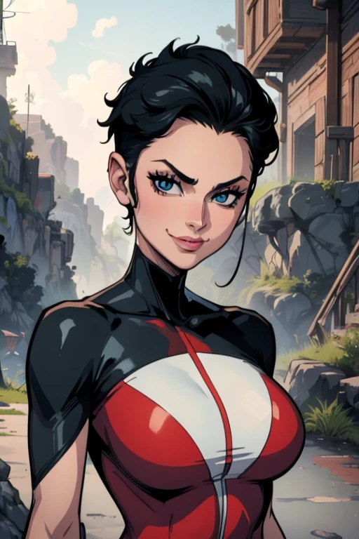 (art, Best quality, absurd, 4K, aesthetics, perfect eyes, perfect face, detailed, complex, Perfect lighting) 1 girl with fair skin, short shaved hair, wears a red and black futuristic bodysuit, queen of an alien race, warrior , gentle smile