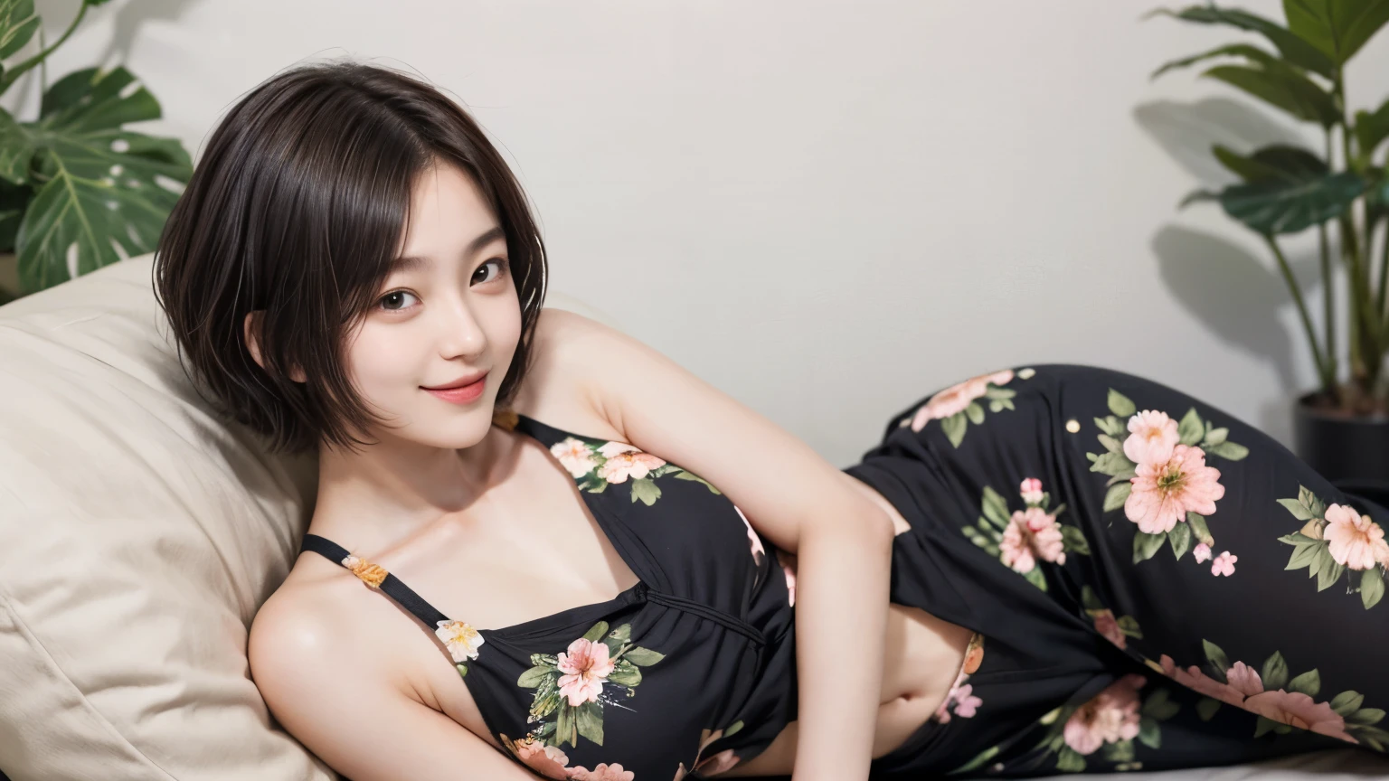 206 Short Hair, 20 year old female, Floral, gentle smile, (chest:1.2)