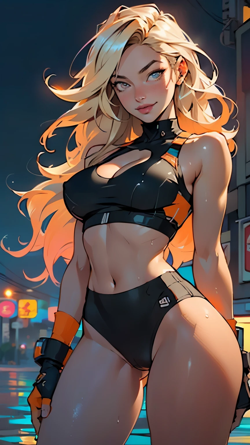 girl sporty,((attractive girl)),

(large breasts:1.4),saggy breasts,(((absurdly long unkept hair,blonde hair,very long hair,voluminous hair,Thick hair,Dense hair,long hair,colored inner hair))),((heterochromia:1.5, (orange_eye and blue_eye))),intricate eyes,beautiful detailed eyes,symmetrical eyes,((fat))(((lustrous skin:1.5,bright skin: 1.5,skin tanned,shiny skin,very shiny skin,shiny body,plastic glitter skin,exaggerated shiny skin,illuminated skin, wet legs))),(spider lower abdomen,narrow waist,wide hip,athletic body,inflated legs, thick thighs,detailed body,(detailed face)),

cute,slutty,seductive,erotic,(((nsfw))),

((tight sports bra, tight sports panties, (orange and black clothes))),(((cleavage))),((wet clothes,intricate outfit,intricate clothes)),

(dynamic pose:1.0),coquette,smiling,(centered,scale to fit dimensions,Rule of thirds),

cyberpunk city by the ocean at night, with bright neon signs and dark stormy clouds and puddles, scenery:1.25,nighttime, starry night, cosmos,Very dark night that makes the neon lights stand out, very bright neon lights,

artistic photography,(photography taken by sldr),highres, sharp focus,(ultra detailed, extremely detailed), (photorealistic artwork:1.37),(extremely detailed CG unity 8k wallpaper),((synthwave background theme)),(((vibrant colors))),intricate,(intricate background),(masterpiece),(best quality),perfect rendered face,perfect face details,realistic face,photo realistic,analog style,((intricate detail)),(((realism))),
