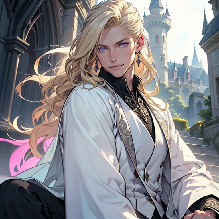 (realistic: 1.37, best quality, 4k, 8k, high resolution, masterpiece: 1.2), solo, male, pale white skin, curly hair, handsome man, detailed background of a castle, brilliant violet eyes, masterpiece, age 31, serene expression, perfect body, detailed face, intricate eyes, beautiful detailed purple eyes, symmetrical eyes, very long hair, (((white-blonde hair))), perfect face, neat hair style, perfect proportions, smile, expressive eyes, (ultra-detailed:1.3), beautiful detailed glow, finely detailed, ultra-detailed, (masculine features, wearing green and silver wizard robes, white dress shirt, black waistcoat, tight black pants, knee high boots, earrings)