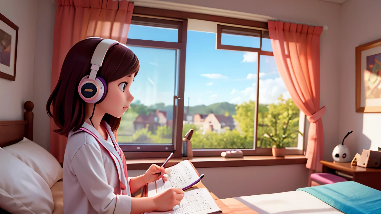 girls studying, with headphones, looking out the bedroom window, beautiful view