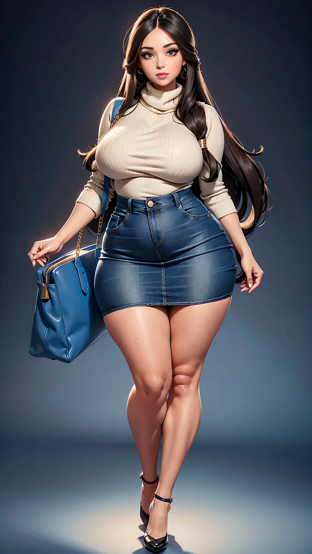 Full body shot of 1 beautiful woman, adult, large body, voluptuous woman, (very long straight hair),( brunette hair), outlined eyelids, made-up eyelids, turtleneck sweater, scarf, neckline, (blue mini denim skirt, black handbag), tempting , dreaming, curvy hourglass figure, oppai proportion, tight skirt , tall