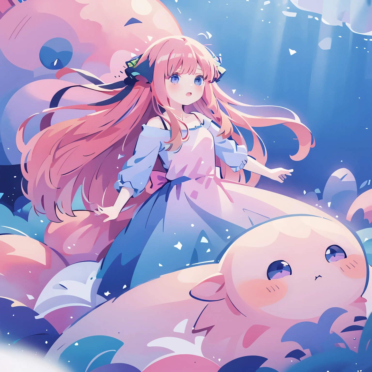 beautiful girl, gradient blue pink and purple ballgown, flowing pink red hair, otherworldly purples blues and greens landscape background, watercolor illustration, disney art style, glowing aura around her, flowing glowing hair, glowing flowing hair, fantasia otherworldly landscape, beautiful, masterpiece, best quality, nino nakano, hair ribbons, long pink silky hair, blue eyes