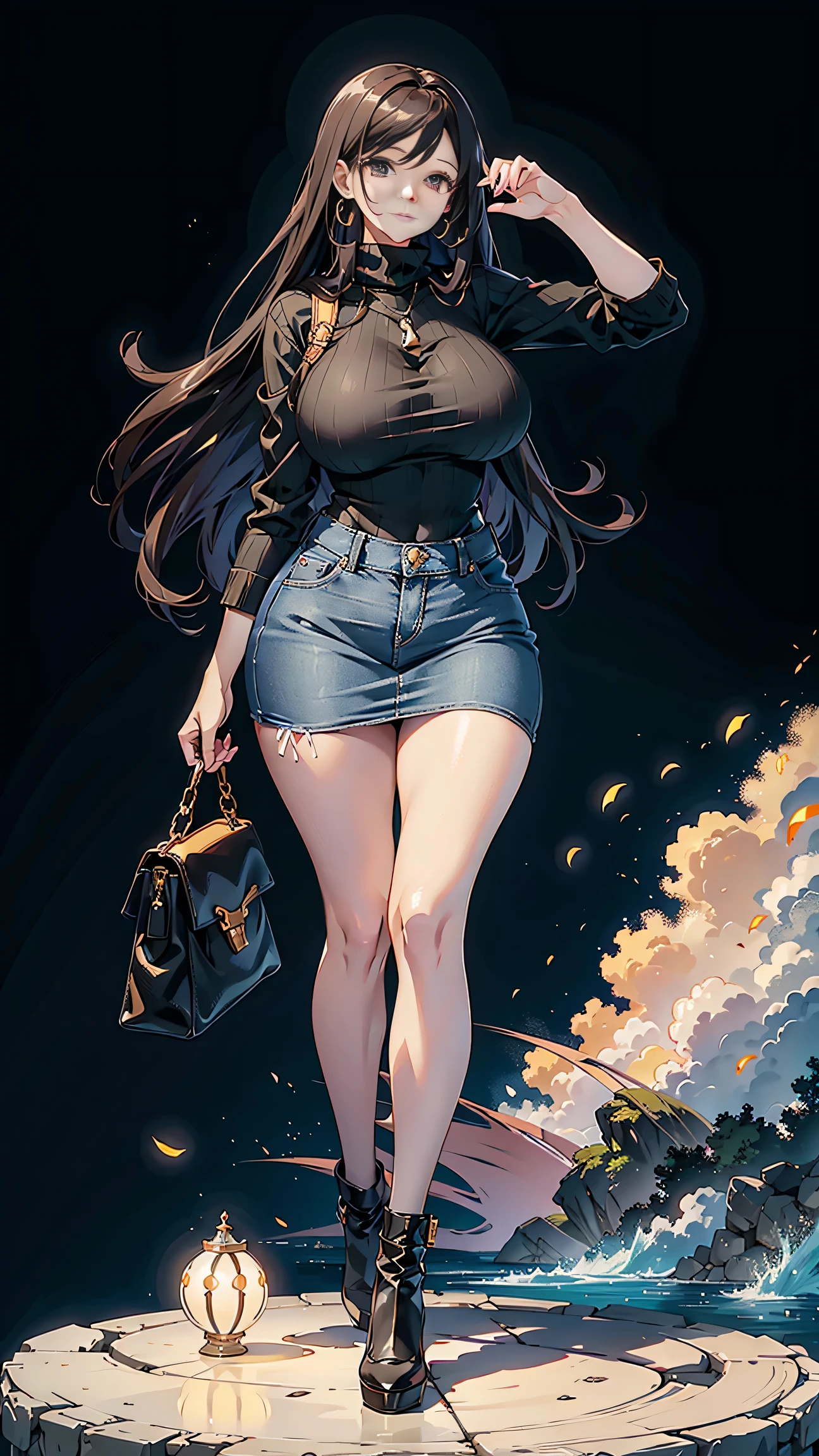 Full body shot of 1 beautiful woman, adult, large body, voluptuous woman, (very long straight hair),( brunette hair), outlined eyelids, made-up eyelids, turtleneck sweater, scarf, neckline, (blue mini denim skirt, black handbag), tempting , dreaming, curvy hourglass figure, oppai proportion, tight skirt , tall