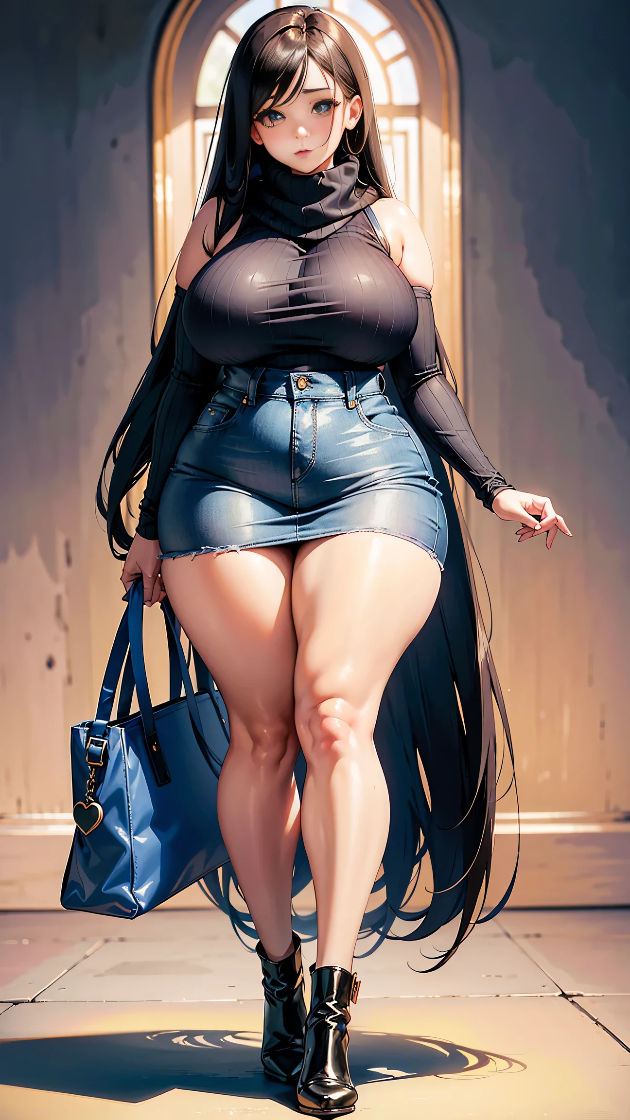 Full body shot of 1 beautiful woman, adult, large body, voluptuous woman, (very long straight hair),( brunette hair), outlined eyelids, made-up eyelids,  turtleneck sweater,  scarf, neckline, (blue mini denim skirt,  black handbag),  tempting , dreaming, curvy hourglass figure, oppai proportion, tight skirt , tall