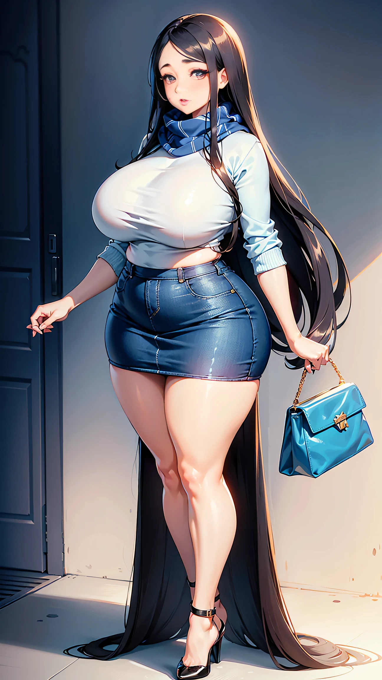 Full body shot of 1 beautiful woman, adult, large body, voluptuous woman, (very long straight hair),( brunette hair), outlined eyelids, made-up eyelids,  turtleneck sweater,  scarf, neckline, (blue mini denim skirt,  black handbag),  tempting , dreaming, curvy hourglass figure, oppai proportion, tight skirt , tall