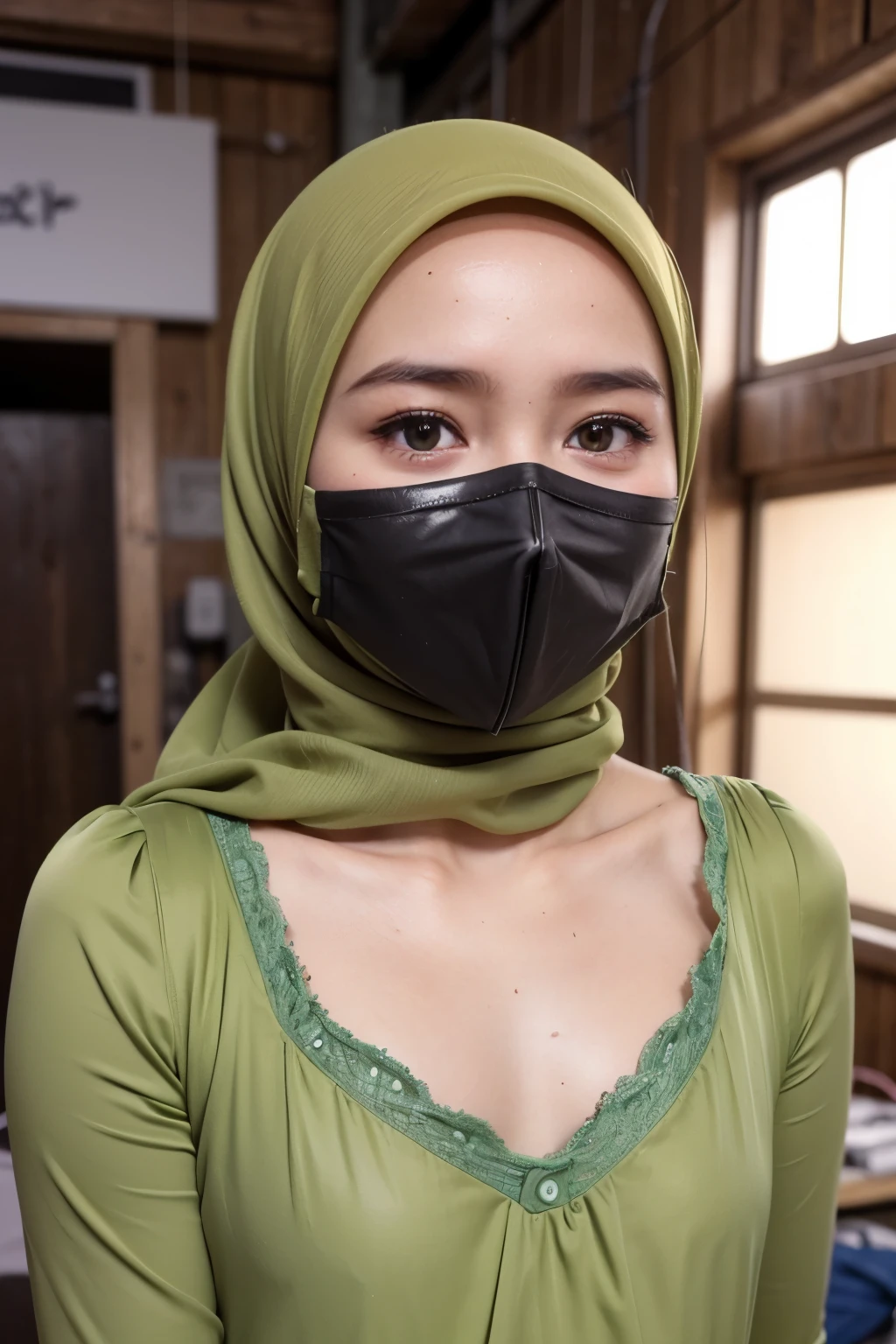 (((HIJAB MALAY GIRL))), masutepiece, High quality, UHD 32K, Realistic face, Realistic skin feeling , A Japanese Lady, 8 , , Very cute and baby-like face, (((FLAT CHEST))), (MATRIX WORLD), ((look In front at the camera and SADNESS)), (((CUTE GIRL))), ((WEARING LINGERIE)), ((GREEN FLUORESCENT LIPS)), GREEN FLUORESCENT, ((CHUBBY)), (undress, working in a dangerous welding workshop, wear a safety face mask