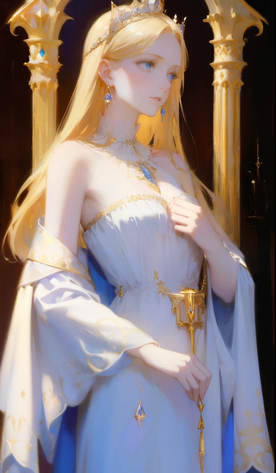 Fantasy, 19th century, empress, woman, delicate face, pale blonde hair, blue eyes, in a white royal dress with open shoulders, gold patterns on fabric, crystal jewelry, with a scarlet ribbon over the shoulder with the regalia of the monarch, Gothic castle made of white stone on the background, light, day, hd