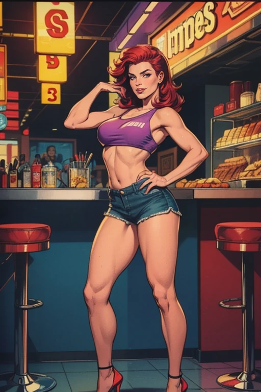 analog film photo a beautiful adult woman, solo, dr3ss, vibrant colors, purple:1.3 denim shirt, mediums breasts, crop top, (underboob), side-tie bikini bottom, midriff, navel, eyeliner, eyeshadow, makeup, black lips, Pixie cut with asymmetrical bangs hairstyle long hair, high quality, best quality, high detail, highres, 8k, heels, upper body, sleeveless, standing, pose, Retro Diner, Neon Lights, Modern City Backdrop red hair . faded film, desaturated, 35mm photo, grainy, vignette, vintage, Kodachrome, Lomography, stained, highly detailed, found footage