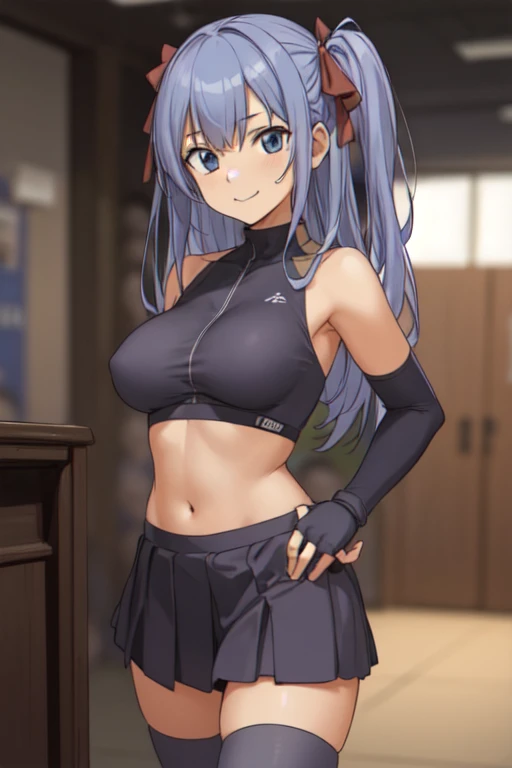 masterpiece, best quality,insanely detailed,ultra detailed,detailed beautiful face
and eyes,thighhighs, fingerless_gloves, blurry_foreground, gloves, 1 girl, 18 years old,smile,long_hair, skirt, blurry_background, navel, zettai_ryouiki, solo, blue_eyes, midriff, breasts, pleated_skirt, black_legwear, blue_hair, long_hair, (two_side_up:1.7),hair_ribbon, red_bow, ribbon, medium_breasts, miniskirt, bare_shoulders, sports_bra,cowboy shot, hand on hip,open stance,turtleneck,front viewer,looking at viewer,pov