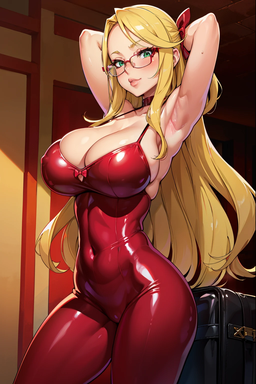 blush, smileglowing aura, natural light, masterpiece, glossy skin, juicy lips , ,sexy, hot, , cleavage, evil,juicy lips, bimbo, hour glass, blonde hair, wide eyes, green eyes, massive , dark lighting, long hair, pink bow, platform shoes, bow in hair, golden round glasses, sandy blonde hair, no hair on forehead, no fringe, juicy lips, red latex dress, black tights, black bag, (((disgusted)))