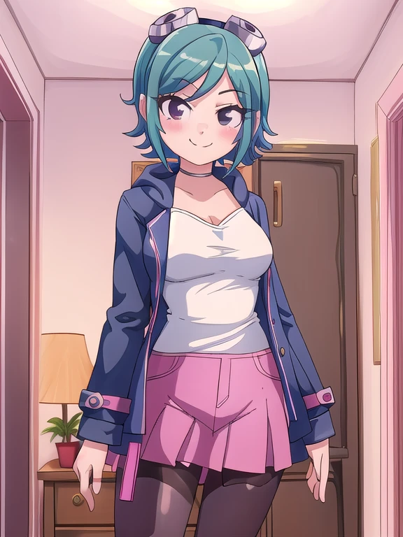 masterpiece, best quality, 1girl, solo, (chibi:0.7), closed mouth, smile, looking at viewer, scottpilgrimvstheworld, denim skirt, pink pantyhose, wintercoat, black camisole, ramona flowers, indoors,
