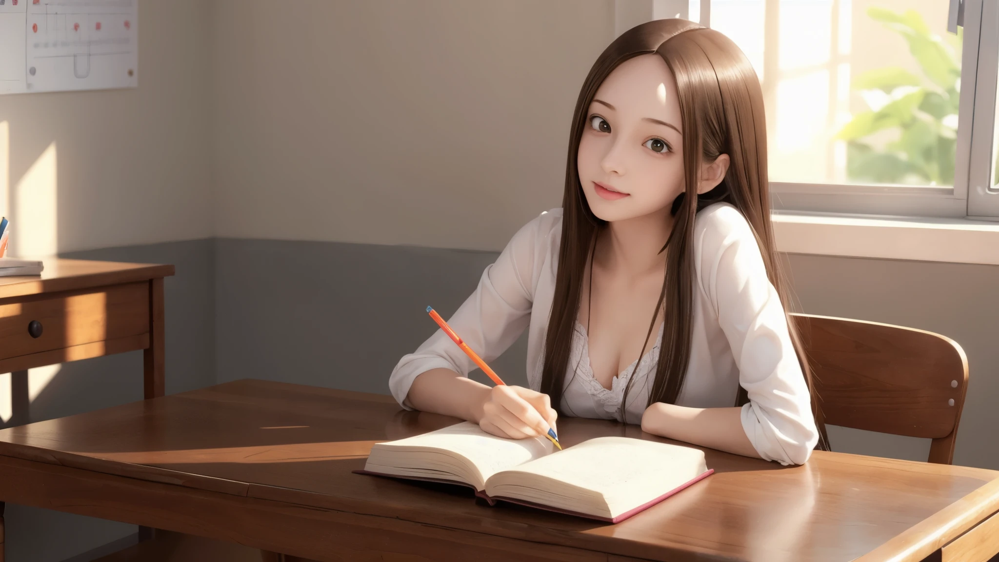 anime girl sitting at a desk with a book and a pencil\, beautiful anime high school girl, early twienties, takagi, an anime girl, a hyperrealistic , smooth anime cg art, official artwork, anime girl with long hair, realistic, c cup