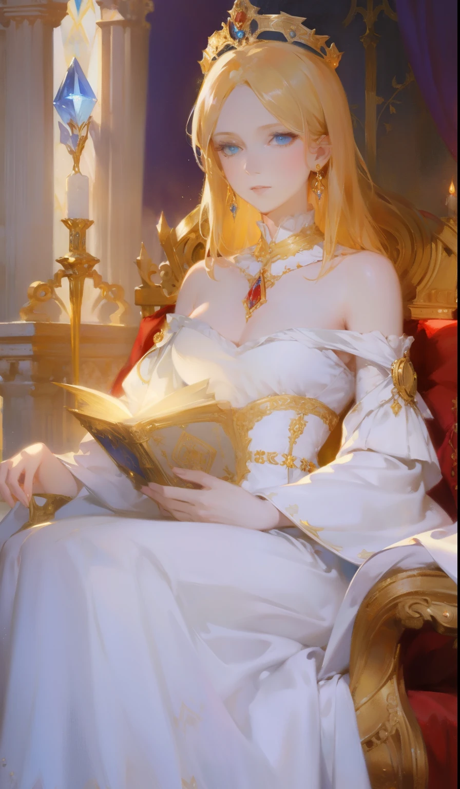 Fantasy, 19th century, empress, woman, delicate face, pale blonde hair, blue eyes, in a white royal dress with open shoulders, gold patterns on fabric, crystal jewelry, with a scarlet ribbon over the shoulder with the regalia of the monarch, Gothic castle made of white stone on the background, light, day, hd