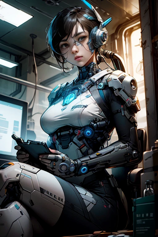 cyborg doctor girl, detailed face, proportional face, medical gown, sitting, repair station, cinematic light, Science fiction, (CG illustration), (Highly detailed), (high resolution), (Best quality), (masterpiece)