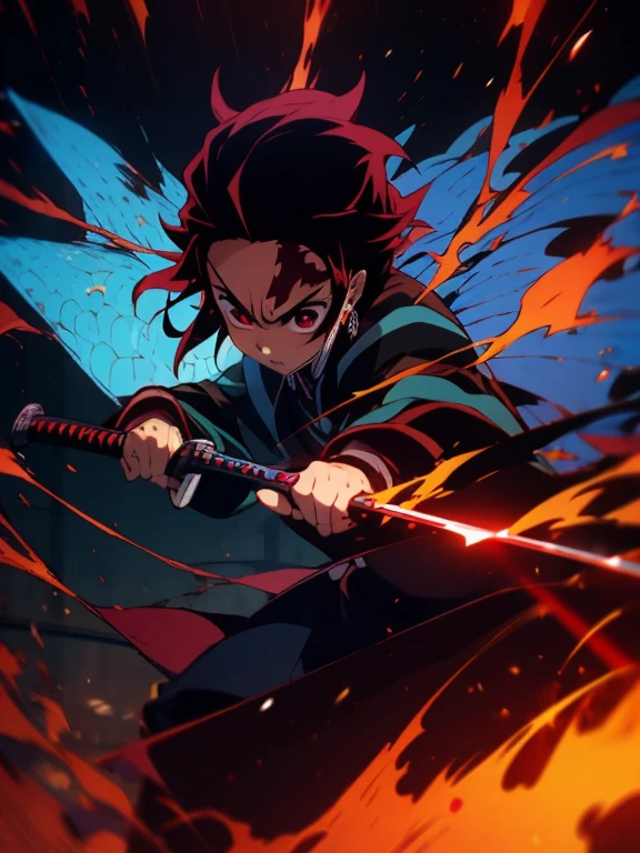 Kamado Tanjiro con una katana en la mano., Flames and cuts of blue and red fire are everywhere., cara determinada, imagen de ultra alta calidad, hermoso rostro