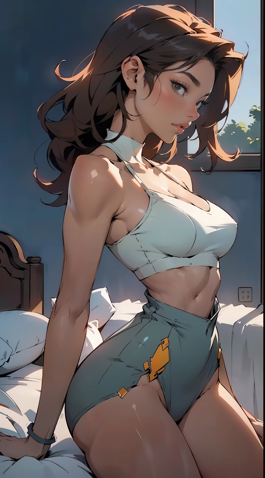 1woman 20 years old, max resolution, sculpted, military, beautiful, perfect body, perfect body, thin waist, wide hips, large breasts, slim thighs, tight panties, two-piece, highly detailed, high resolution, perfect hands, side view, face fully turned to the side to look at the viewer, turn her head to look at the viewer, laying on bed, bare shoulders