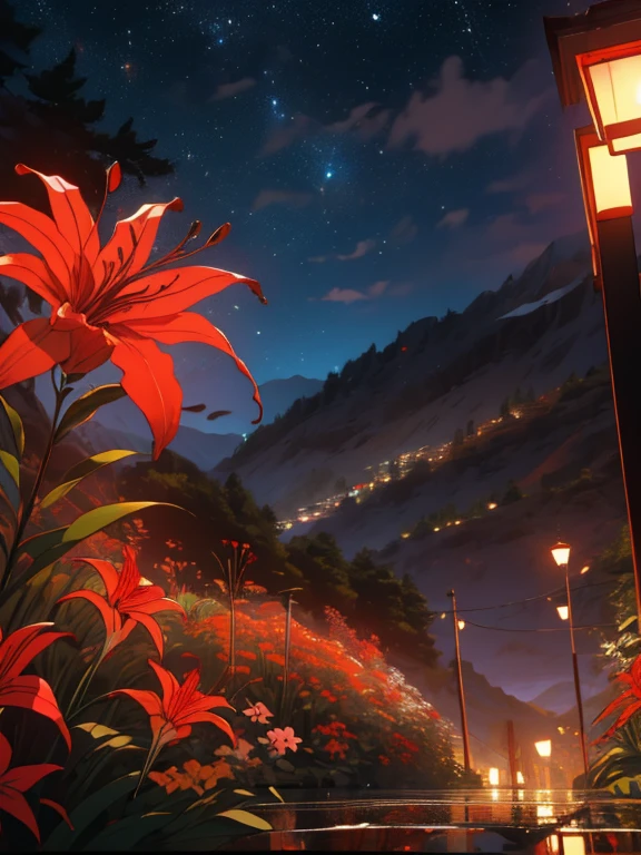 obra maestra, Mejor calidad, red spider lily, too many spider lilies, DOF, lluvioso, (torii:0.6), campo de flores, mountain, bar, noche,