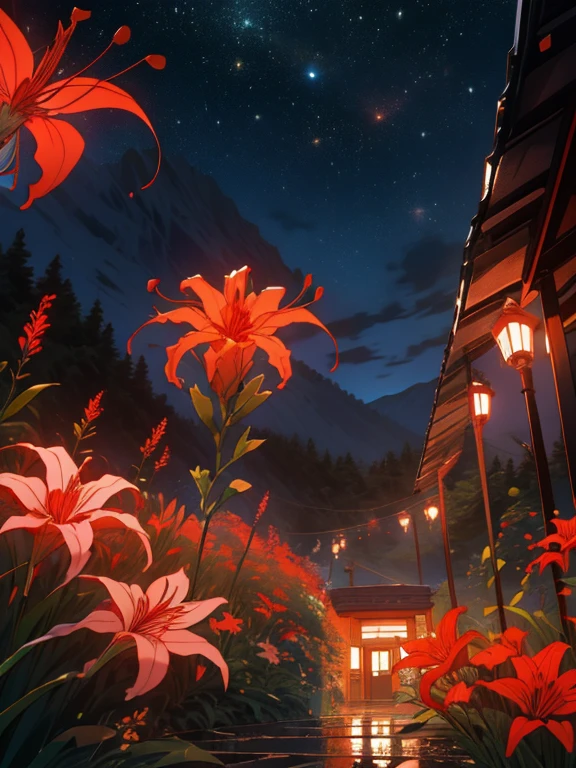 obra maestra, Mejor calidad, red spider lily, too many spider lilies, DOF, lluvioso, (torii:0.6), campo de flores, mountain, bar, noche,