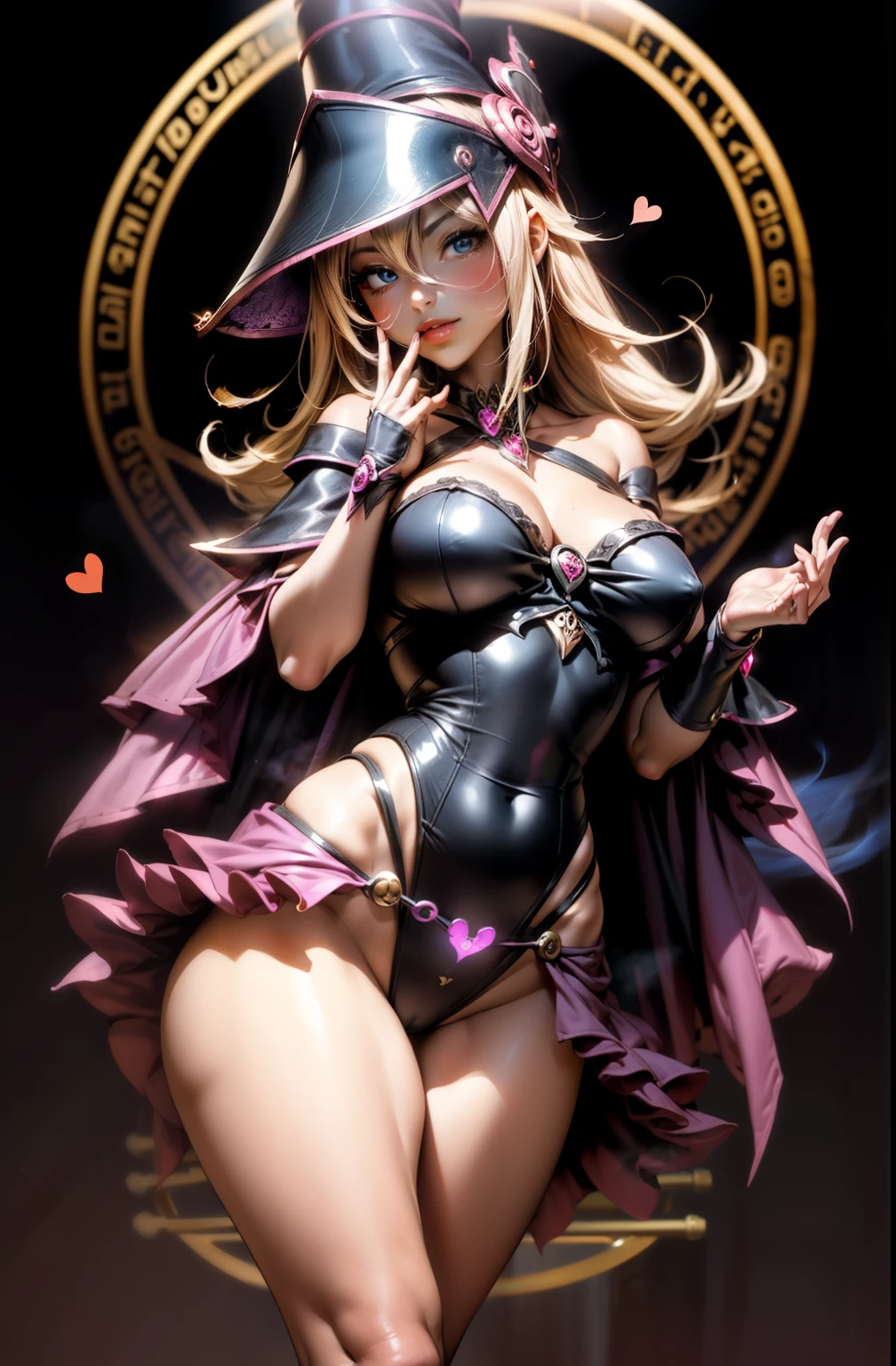 Mago Oscuro Gils. Levitando entre sus piernas, Pose Sujestiva, sexy y inocente. Background of hearts and magic in circles...... Wink an eye and blow a kiss. Hermosa y coqueta